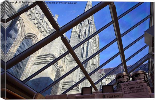 Salisbury Cathedral Spire From The Shop  Canvas Print by Terri Waters