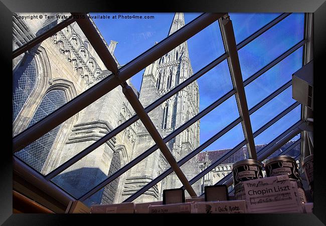 Salisbury Cathedral Spire From The Shop  Framed Print by Terri Waters
