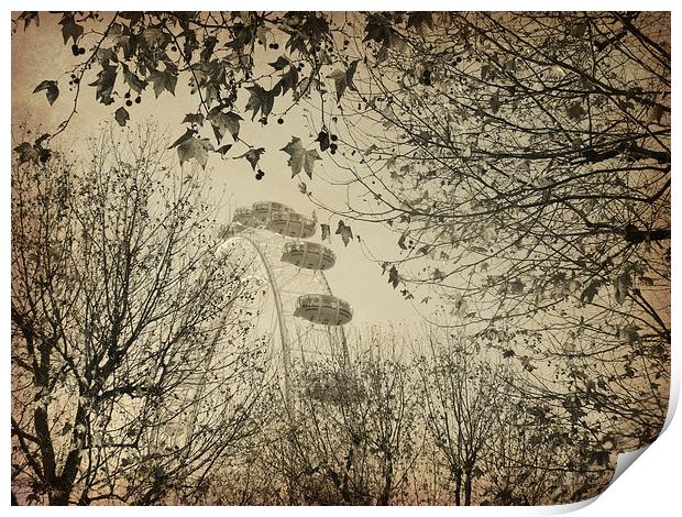London Eye through autumn trees Print by Heather Newton