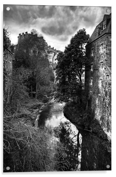 The Water of Leith at Dean Village B&W Acrylic by Tom Gomez