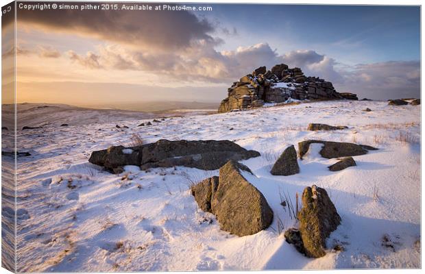  Snow at Great Mis Tor Canvas Print by simon pither