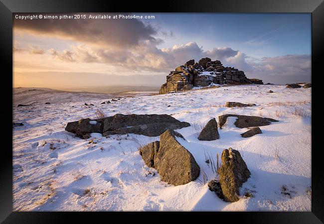  Snow at Great Mis Tor Framed Print by simon pither