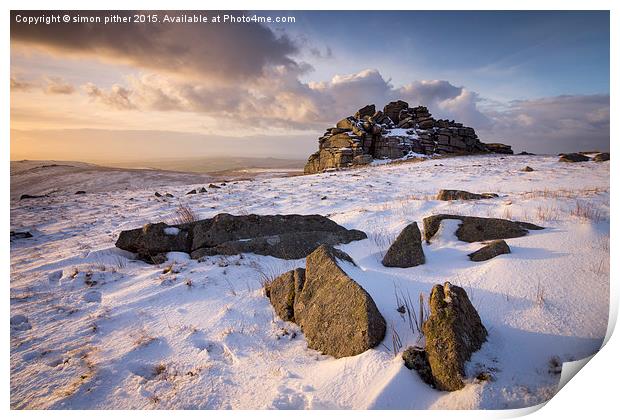  Snow at Great Mis Tor Print by simon pither