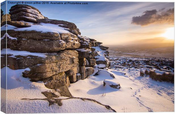   Snow at Great Mis Tor Canvas Print by simon pither