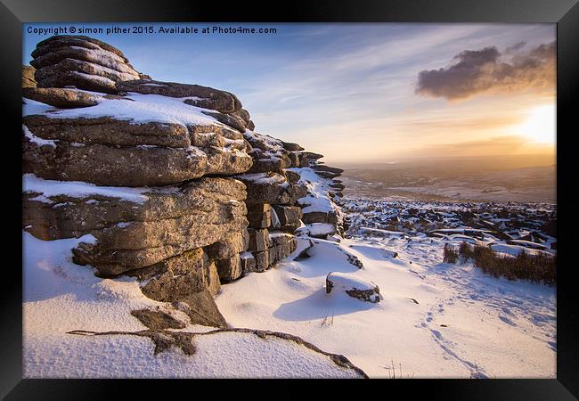   Snow at Great Mis Tor Framed Print by simon pither