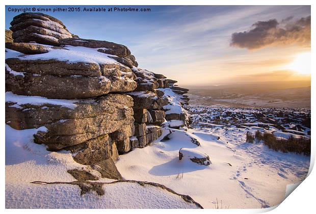   Snow at Great Mis Tor Print by simon pither