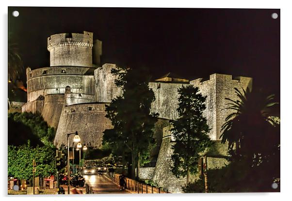  Dubrovnic Fortress and walls at night Acrylic by Colin Metcalf