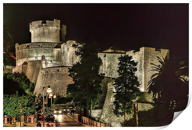  Dubrovnic Fortress and walls at night Print by Colin Metcalf