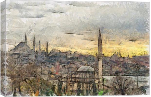 Istanbul Cityscape Digital Drawing Canvas Print by Antony McAulay
