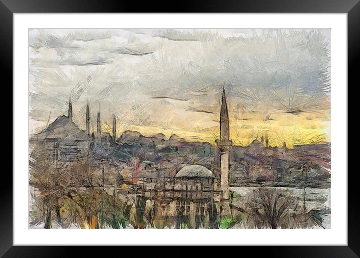 Istanbul Cityscape Digital Drawing Framed Mounted Print by Antony McAulay