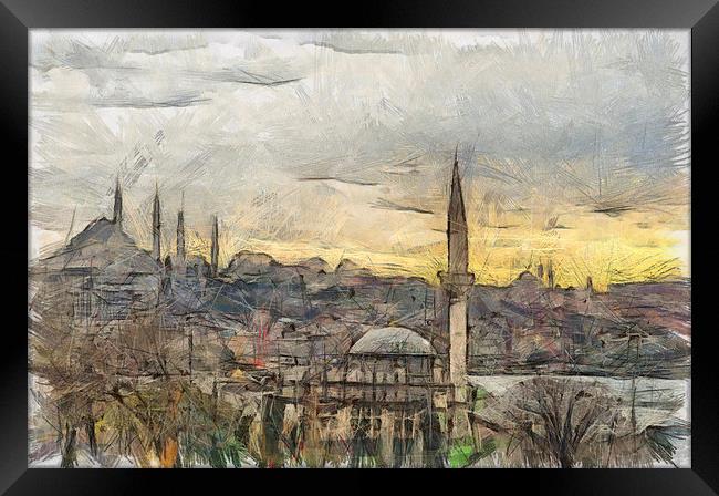 Istanbul Cityscape Digital Drawing Framed Print by Antony McAulay