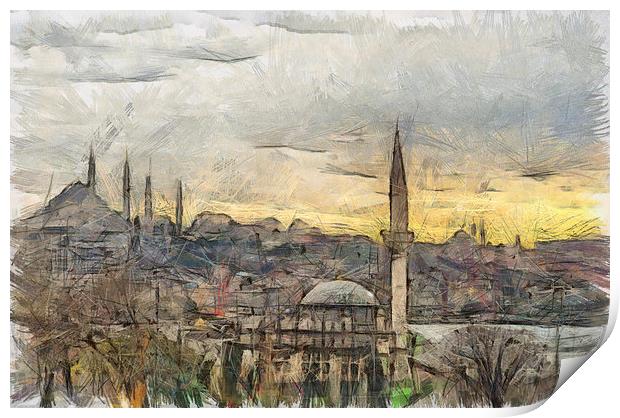 Istanbul Cityscape Digital Drawing Print by Antony McAulay