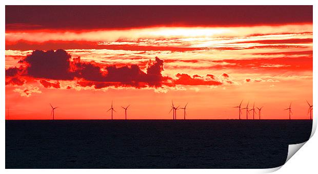 Red sunset over Thanet wind farm on a carm summer  Print by Alan Glicksman