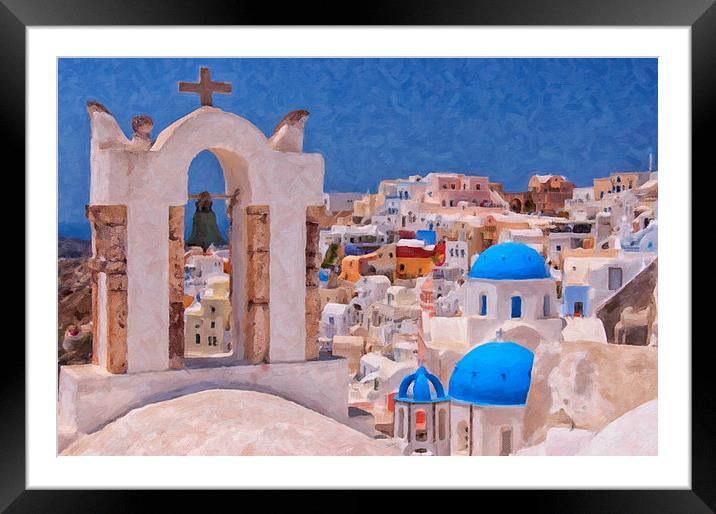 Santorini Oia Belltower Digital Painting Framed Mounted Print by Antony McAulay