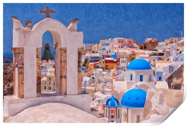 Santorini Oia Belltower Digital Painting Print by Antony McAulay