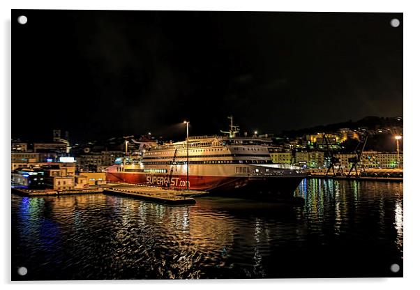  Ancona harbour at night. Acrylic by Colin Metcalf