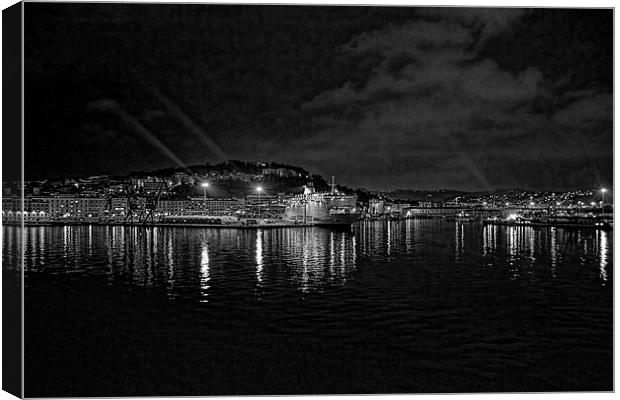  Ancona harbour at night. Mono. Canvas Print by Colin Metcalf