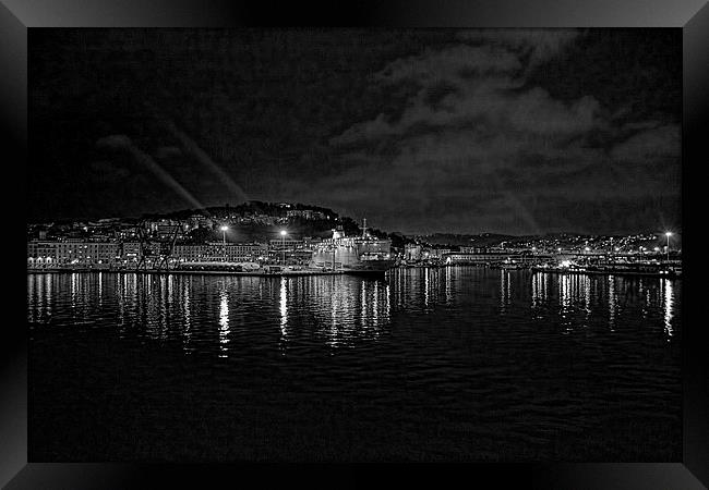  Ancona harbour at night. Mono. Framed Print by Colin Metcalf