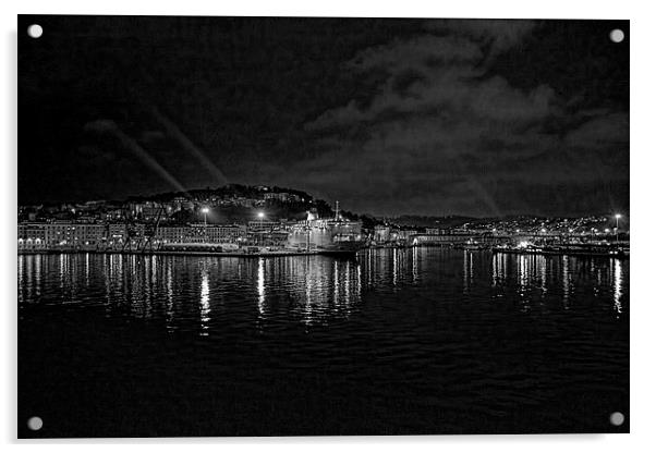  Ancona harbour at night. Mono. Acrylic by Colin Metcalf