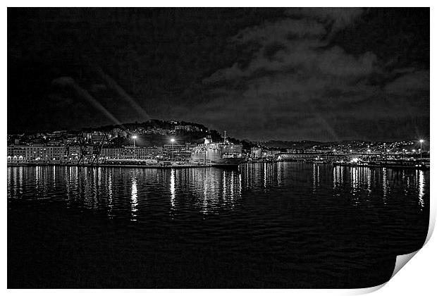  Ancona harbour at night. Mono. Print by Colin Metcalf