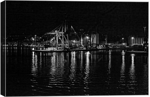  Ancona harbour at night. Mono. Canvas Print by Colin Metcalf
