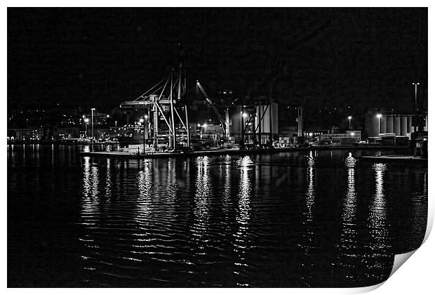 Ancona harbour at night. Mono. Print by Colin Metcalf