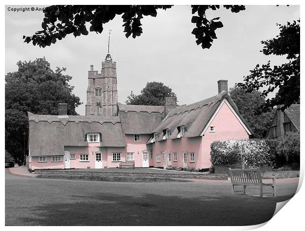 Pink Cottages, Cavendish, Suffolk Print by Andrew Wright
