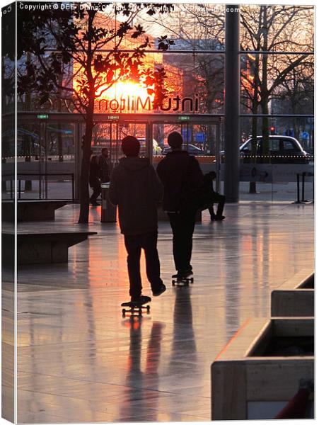 Milton Keynes Centre sunset & skateboarders  Canvas Print by DEE- Diana Cosford
