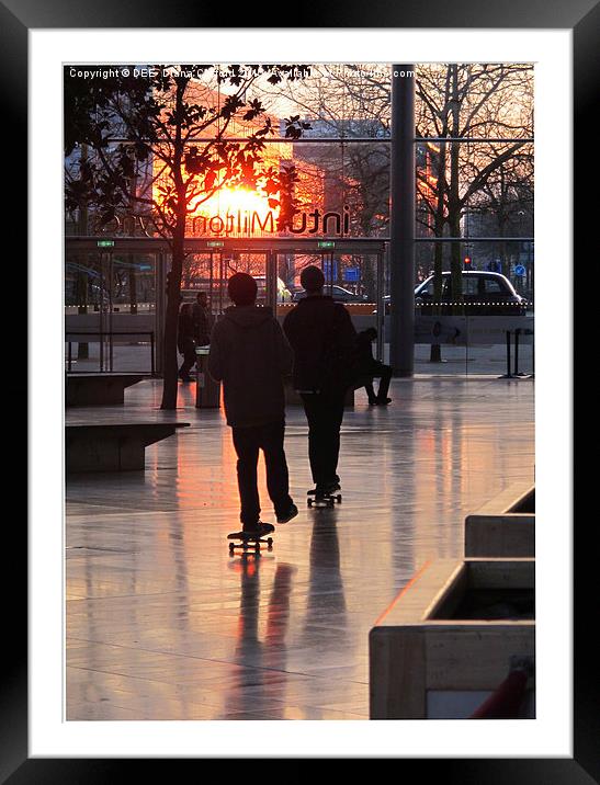 Milton Keynes Centre sunset & skateboarders  Framed Mounted Print by DEE- Diana Cosford
