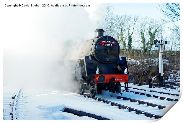  Steam locomotive 73129 in snow. Print by David Birchall