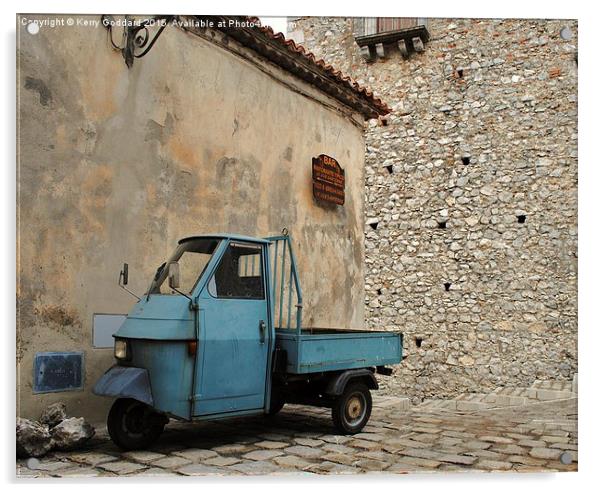Ancient Italian Piaggio parked by the bar ! Acrylic by Kerry Goddard
