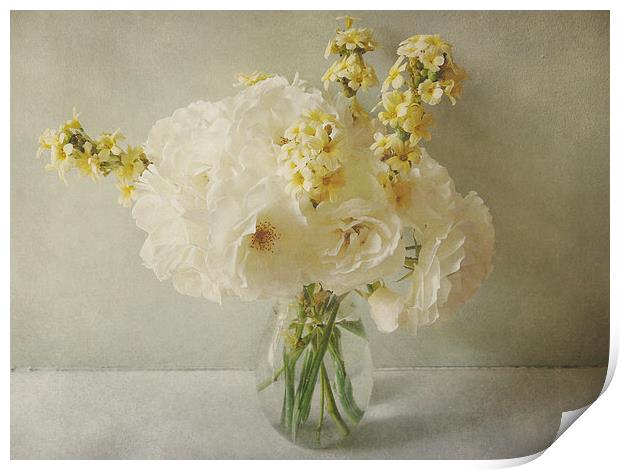  white roses and yellow blossoms Print by Heather Newton