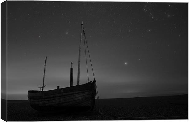 A wooden boat under a starry sky Canvas Print by Artem Liss