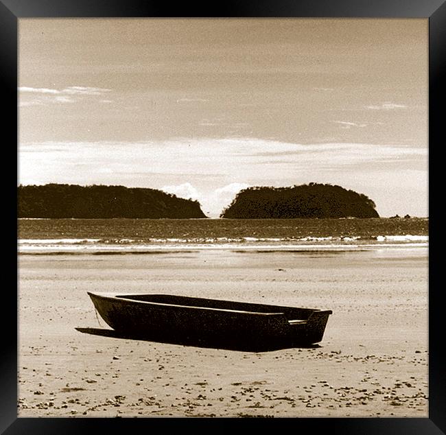 Boat on Beach Duo Tone  Framed Print by james balzano, jr.