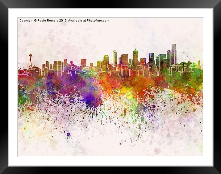 Seattle skyline in watercolor background Framed Mounted Print by Pablo Romero