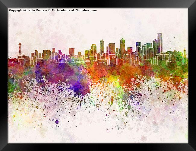 Seattle skyline in watercolor background Framed Print by Pablo Romero