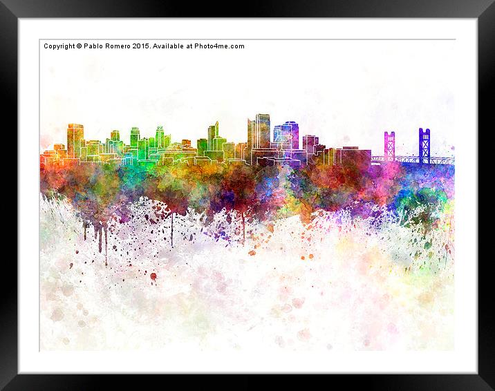 Sacramento skyline in watercolor background Framed Mounted Print by Pablo Romero
