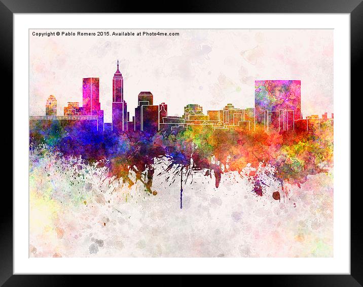 Indianapolis skyline in watercolor background Framed Mounted Print by Pablo Romero