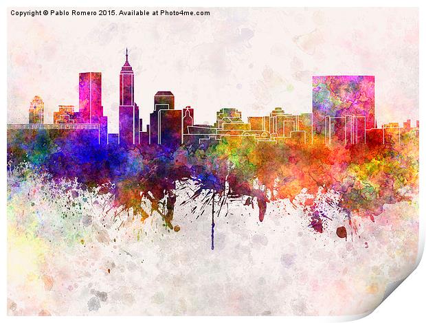 Indianapolis skyline in watercolor background Print by Pablo Romero