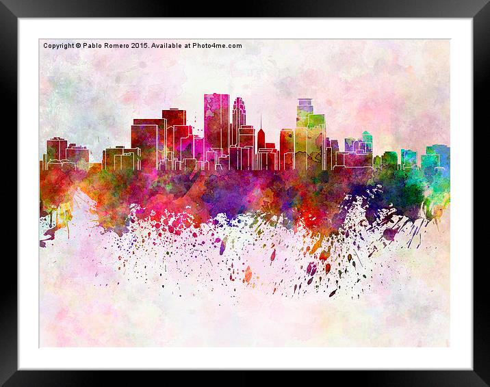 Minneapolis skyline in watercolor background Framed Mounted Print by Pablo Romero