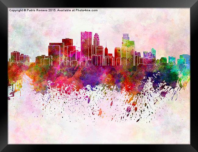 Minneapolis skyline in watercolor background Framed Print by Pablo Romero