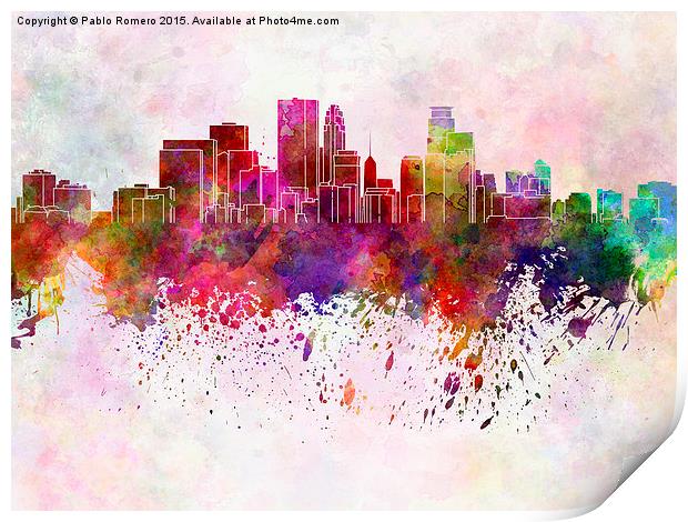 Minneapolis skyline in watercolor background Print by Pablo Romero