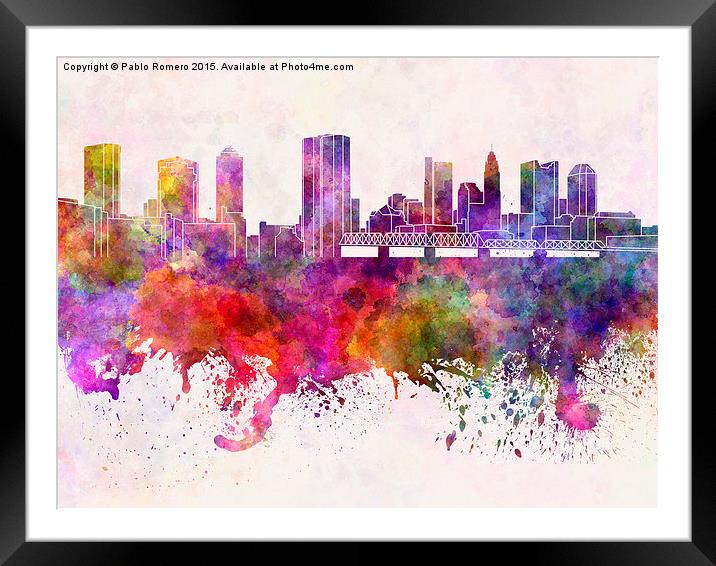 Columbus skyline in watercolor background Framed Mounted Print by Pablo Romero