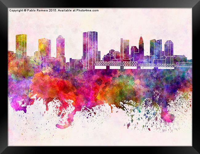 Columbus skyline in watercolor background Framed Print by Pablo Romero