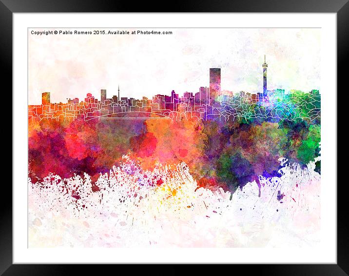 Johannesburg skyline in watercolor background Framed Mounted Print by Pablo Romero