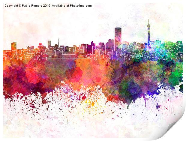 Johannesburg skyline in watercolor background Print by Pablo Romero