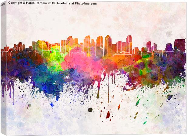 San Diego skyline in watercolor background Canvas Print by Pablo Romero
