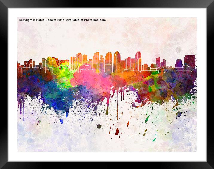 San Diego skyline in watercolor background Framed Mounted Print by Pablo Romero