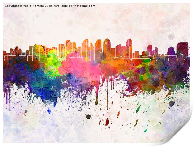 San Diego skyline in watercolor background Print by Pablo Romero