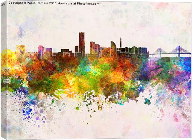Yokohama skyline in watercolor background Canvas Print by Pablo Romero